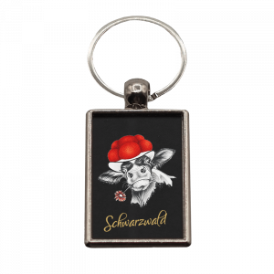 Schlüsselanhänger Bollenhut Kuh mit Blume, rechteckig, 40x25mm