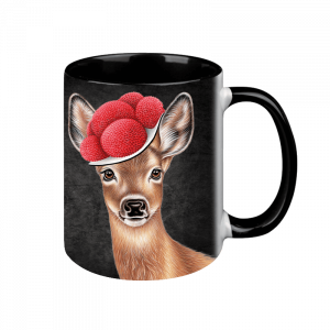 Tasse schwarz mit Motiv Bollenhut Reh