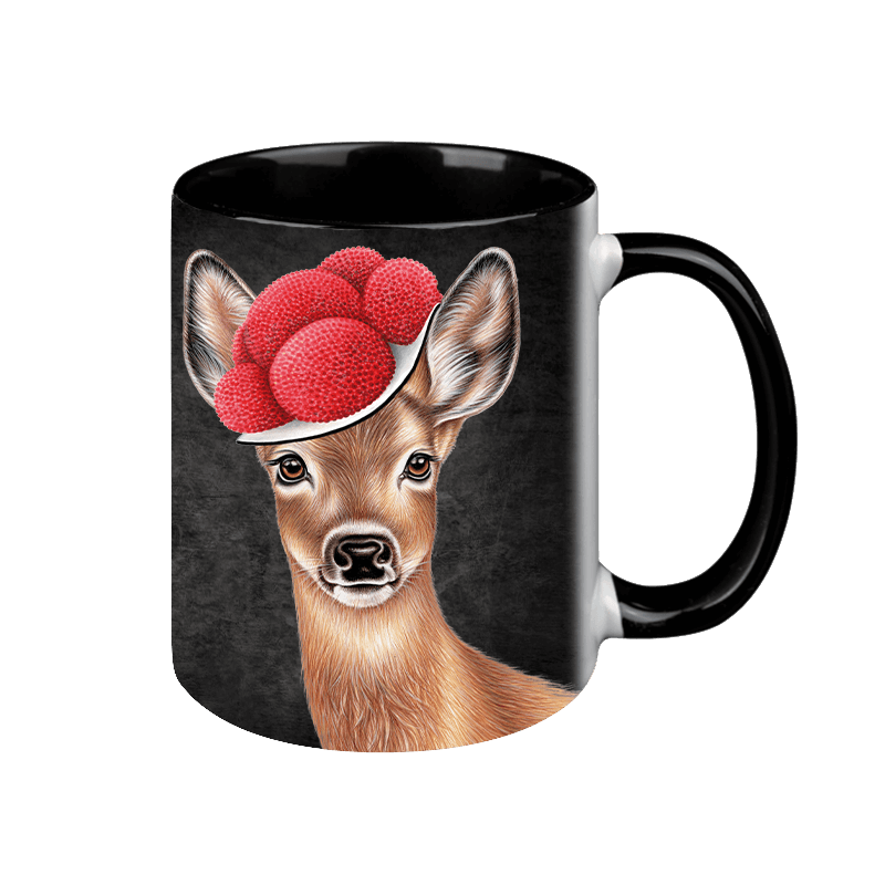 Tasse schwarz mit Motiv Bollenhut Reh